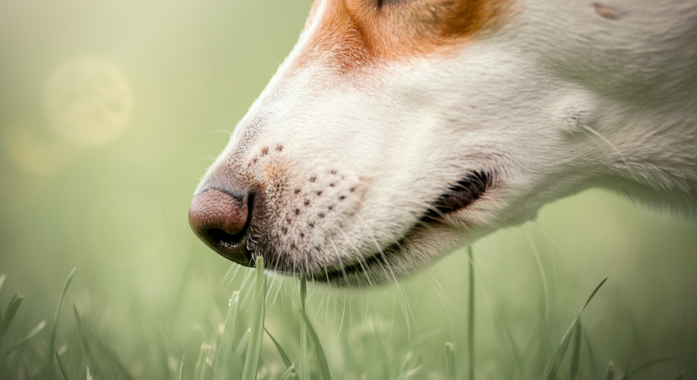 地面の草の匂いを嗅いでいる犬の鼻先のクローズアップ写真
