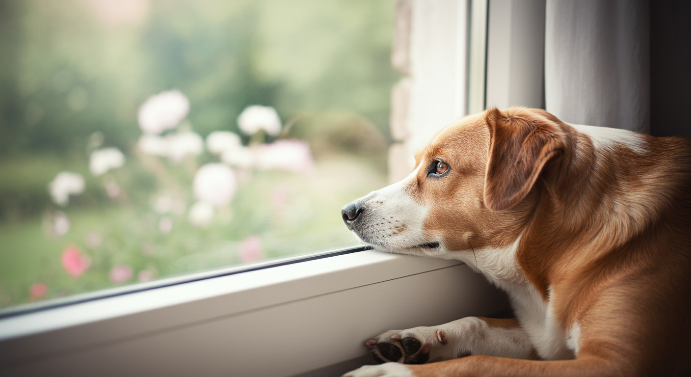 窓辺に顎を乗せて、静かに外を眺めている一匹の犬。内向的な性格を象徴する、落ち着いた写真。