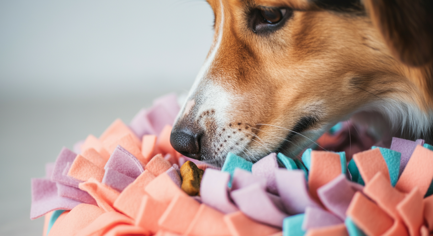 パステルカラーの知育マット（スナッフルマット）に隠されたおやつを、犬が鼻を使って探している様子のクローズアップ。