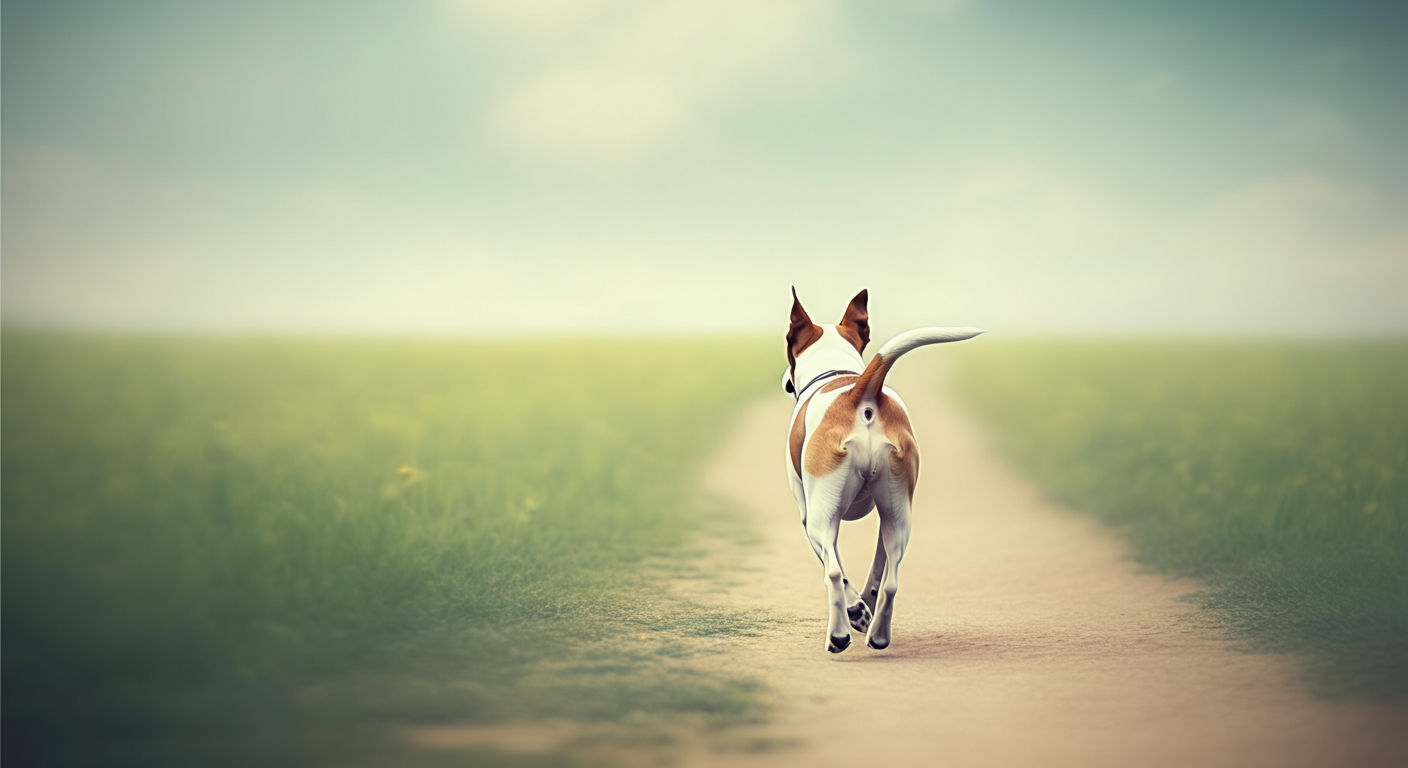 ぼやけた緑のフィールドから続く小道を、飼い主の足元で一匹の犬が楽しそうに歩き去っていく後ろ姿。