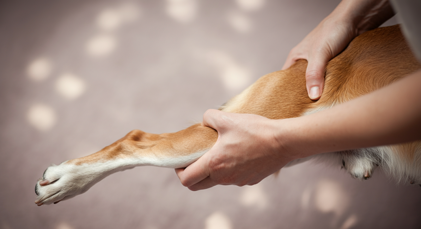 飼い主が犬の足の筋肉を優しくマッサージしている様子の抽象的なクローズアップ写真。