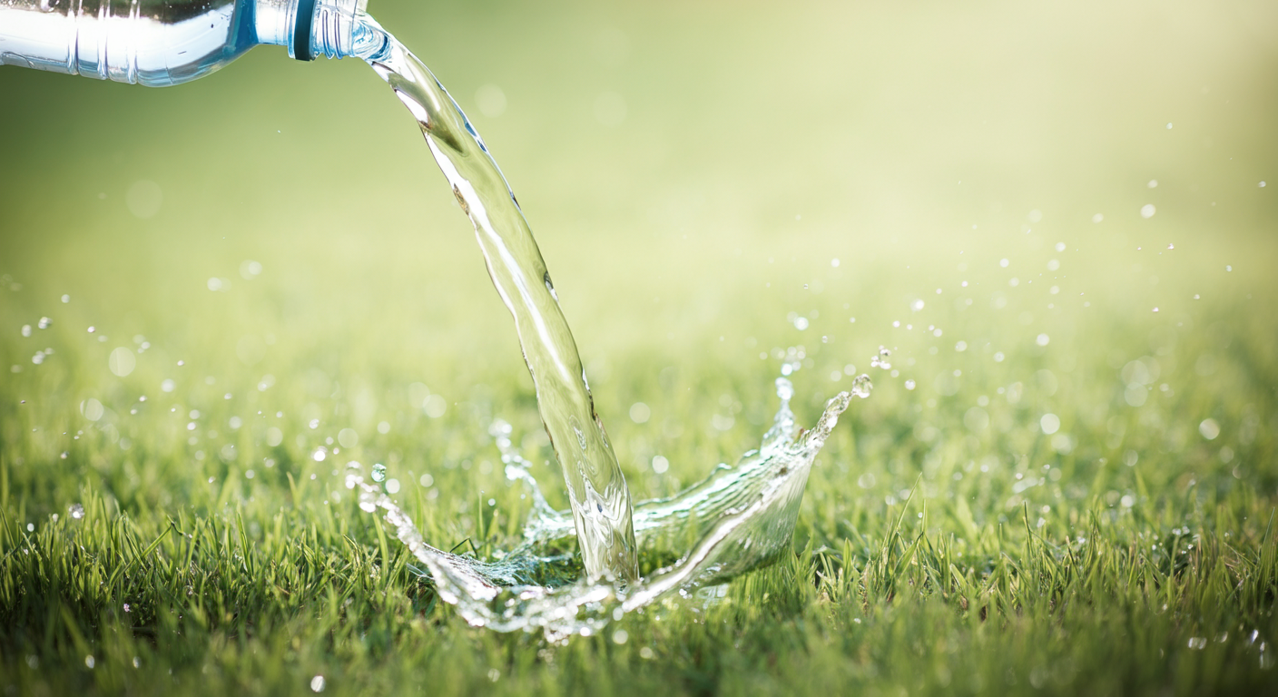 芝生にかけられている透明な水の流れを捉えたアートな写真。