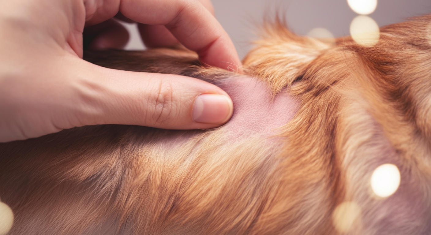 犬の毛を優しくかき分け、健康な皮膚の状態を確認している様子のクローズアップ写真。