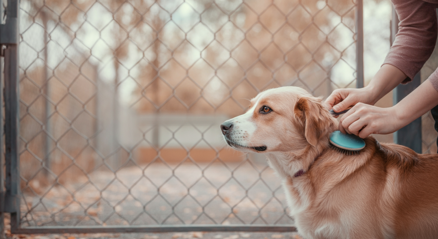 ドッグランの入り口ゲートのそばで、飼い主が入場前に犬の体をさっとブラッシングしている、爽やかな朝の光景。