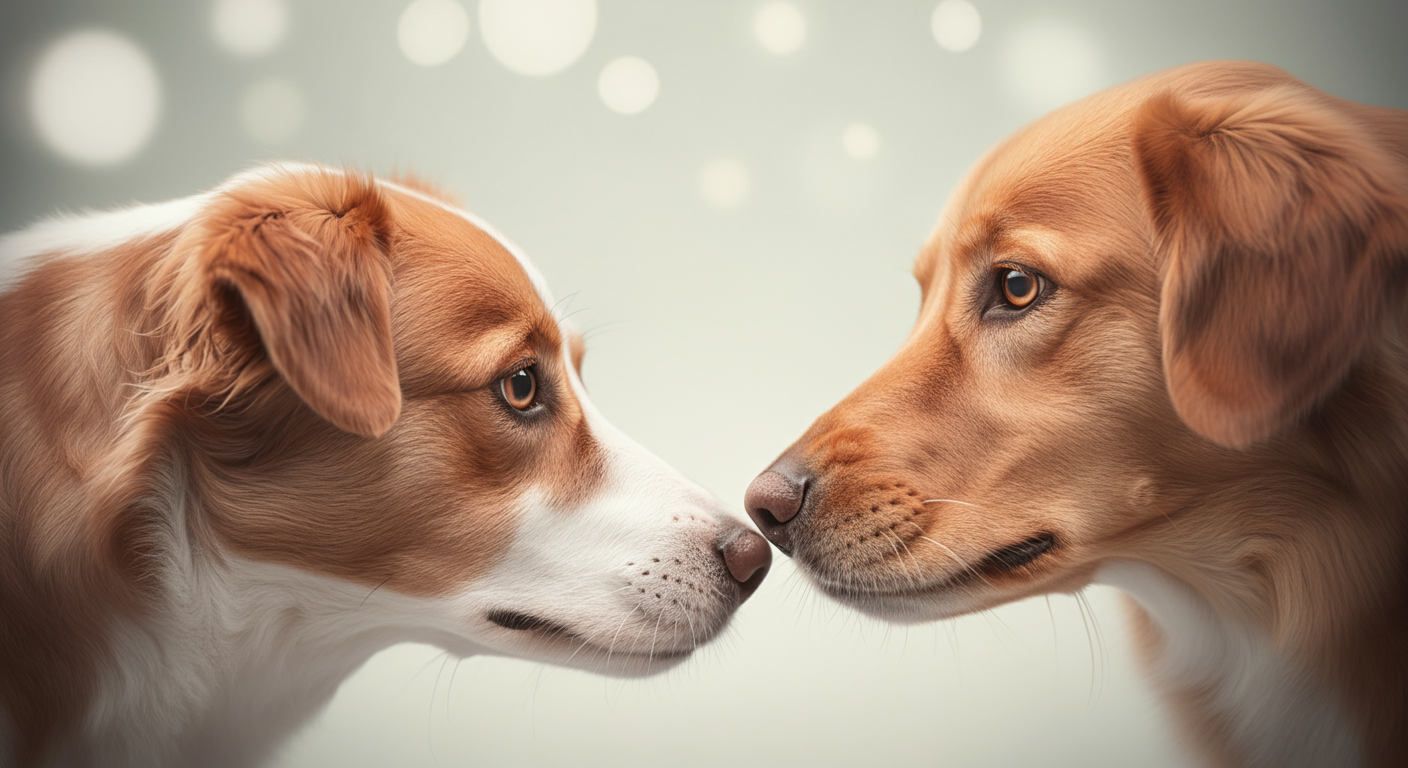 安全な距離を保ちながら、お互いの鼻を優しく嗅ぎ合う2匹の犬の穏やかな交流。