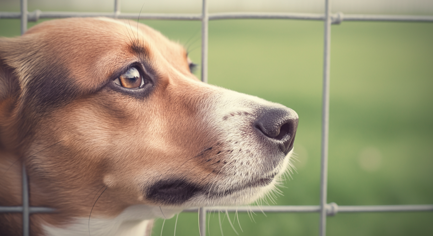 パステルカラーの背景で、フェンス越しにドッグランの中を静かに見つめる一匹の犬。