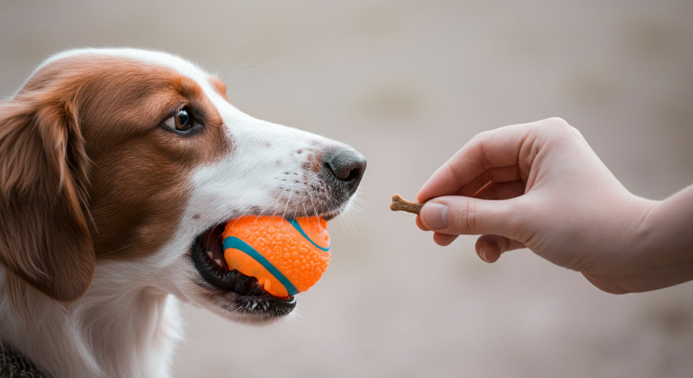 ボールを咥えた犬の鼻先と、おやつを持った人の手が触れ合う寸前の写真。信頼に基づいたスムーズな受け渡しを表現している。