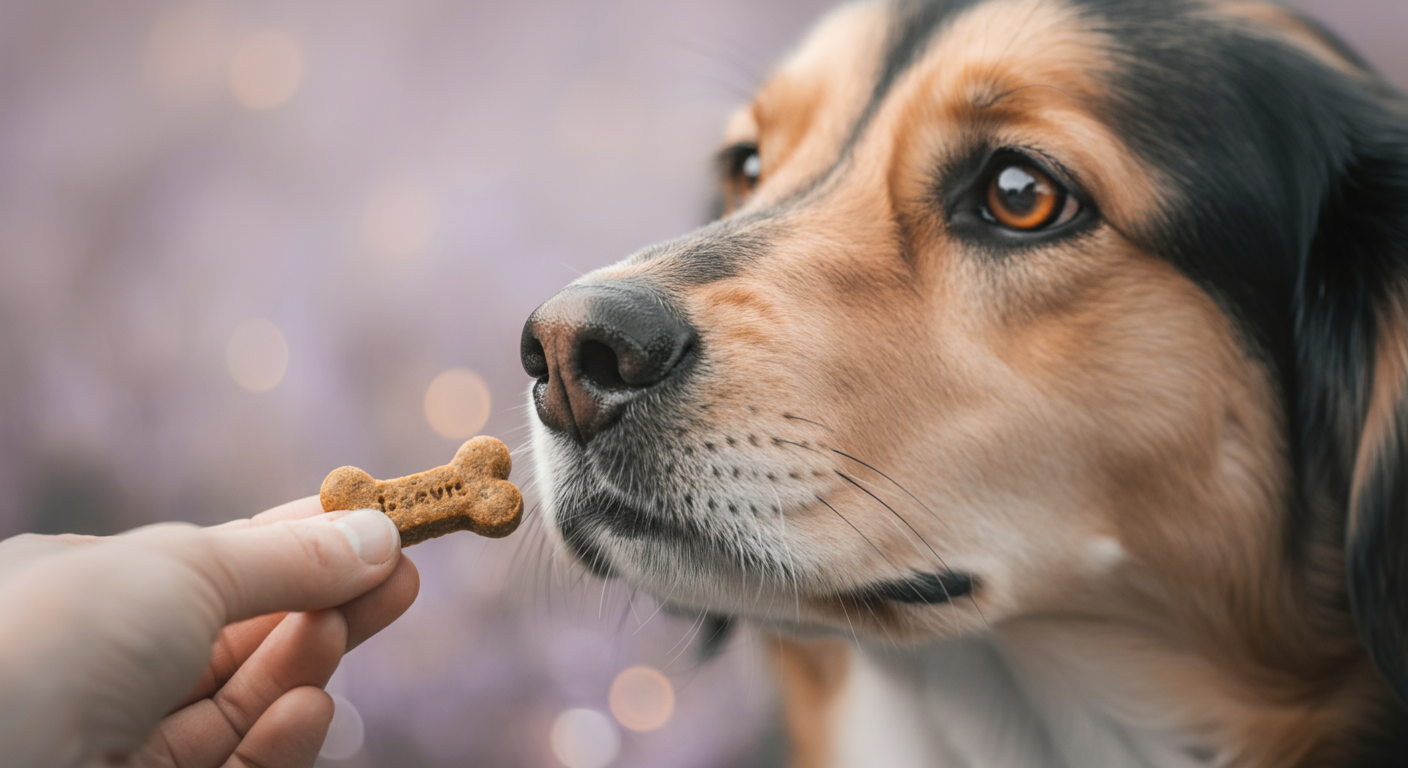 人の手から犬へ、特別なトリーツが優しく渡される瞬間のマクロ撮影。