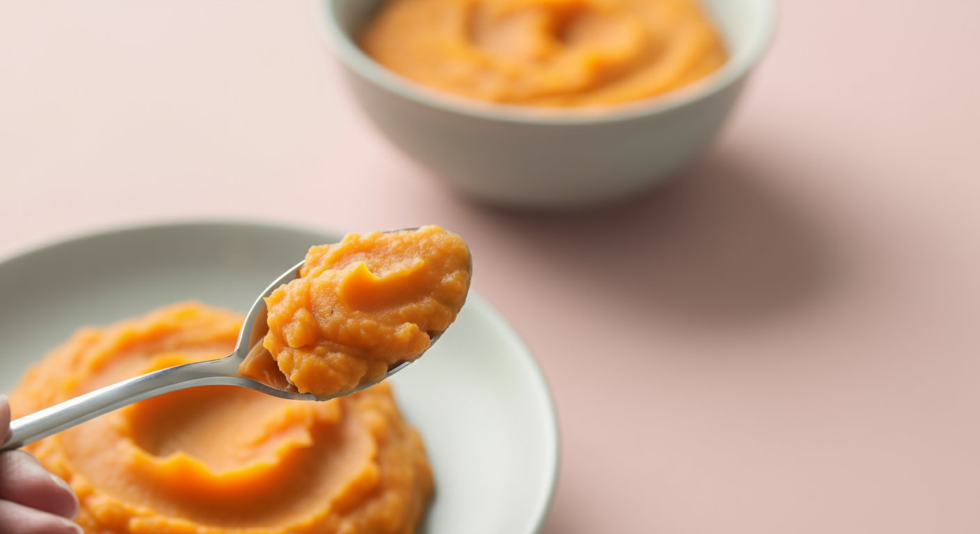 スプーンに盛られた、シニア犬向けの柔らかく消化しやすそうな食事。