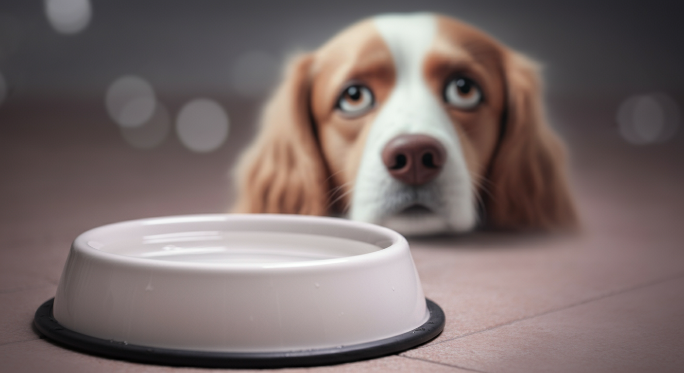 犬が水を飲んでいないことを示唆する空の水飲みボウルにピントが合った、パステルカラーの抽象的な写真。