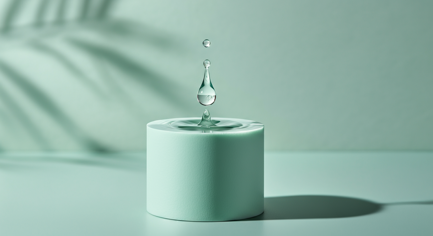 ミントグリーンの図形の上に浮かぶ、一滴の透明な液体の抽象的な写真。