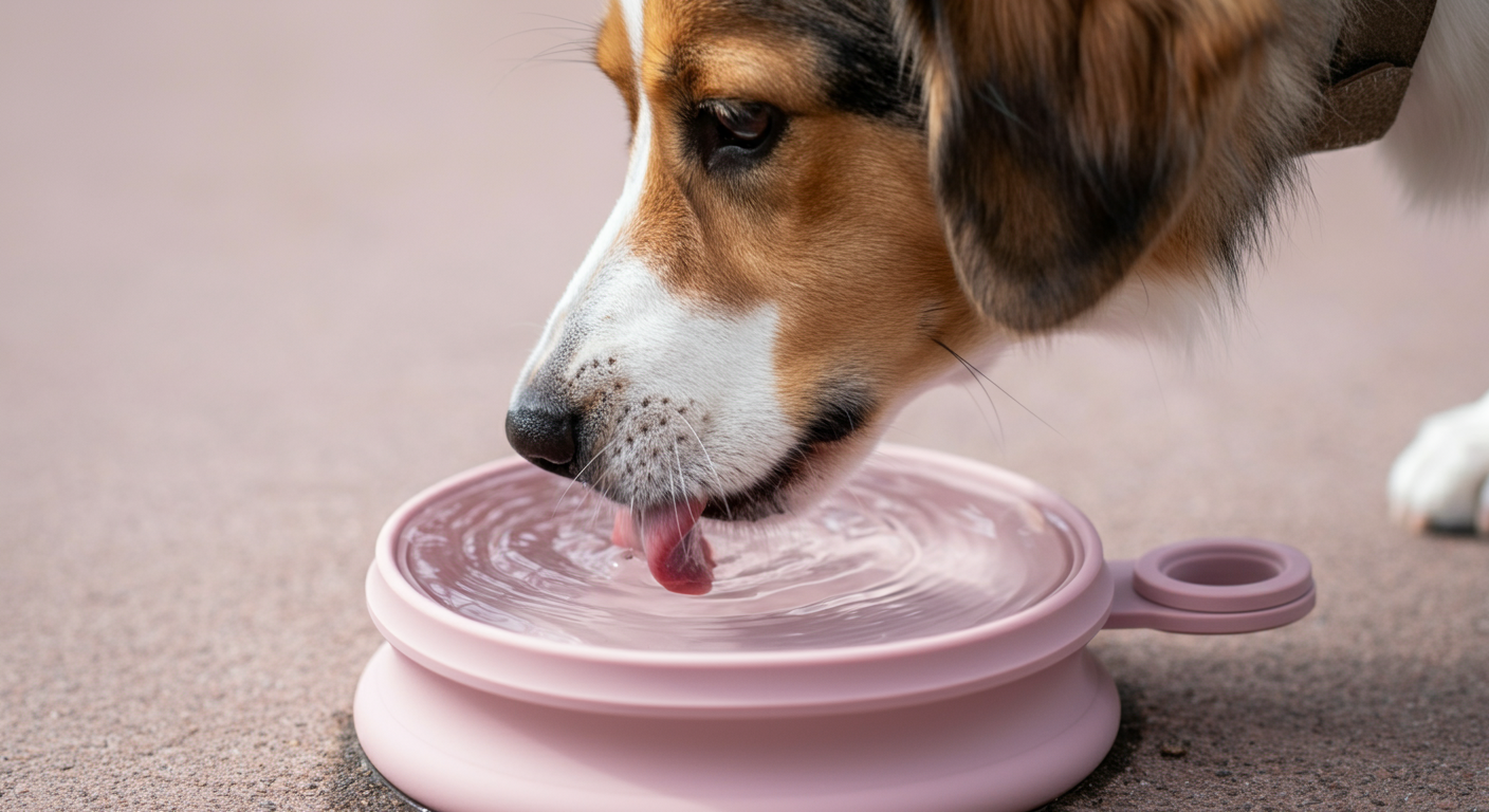 携帯用のウォーターボウルから水を飲んでいる犬の舌と水面の波紋のクローズアップ