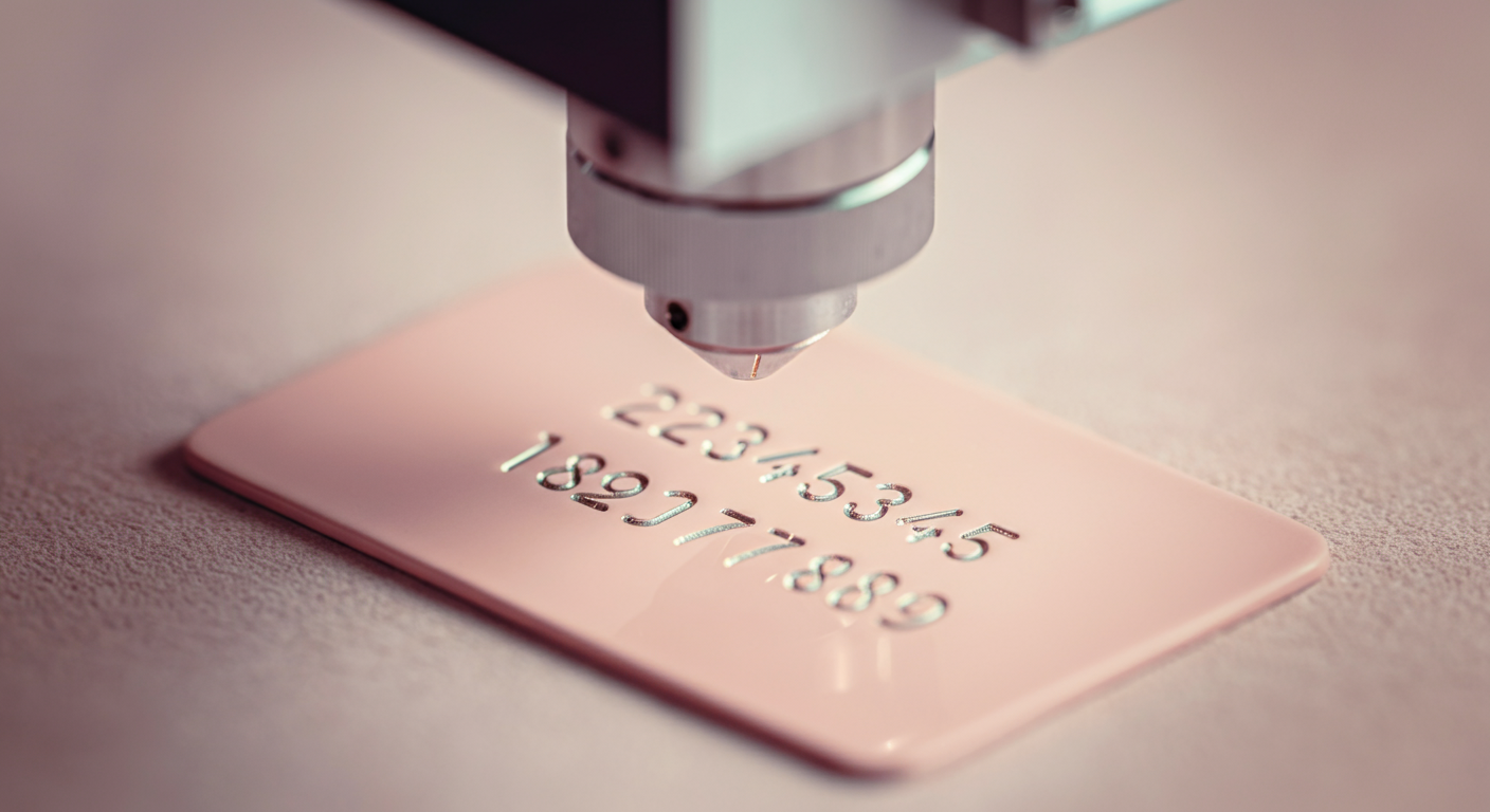 パステルカラーの迷子札に、レーザー彫刻機が電話番号を刻んでいる様子のマクロ撮影写真。