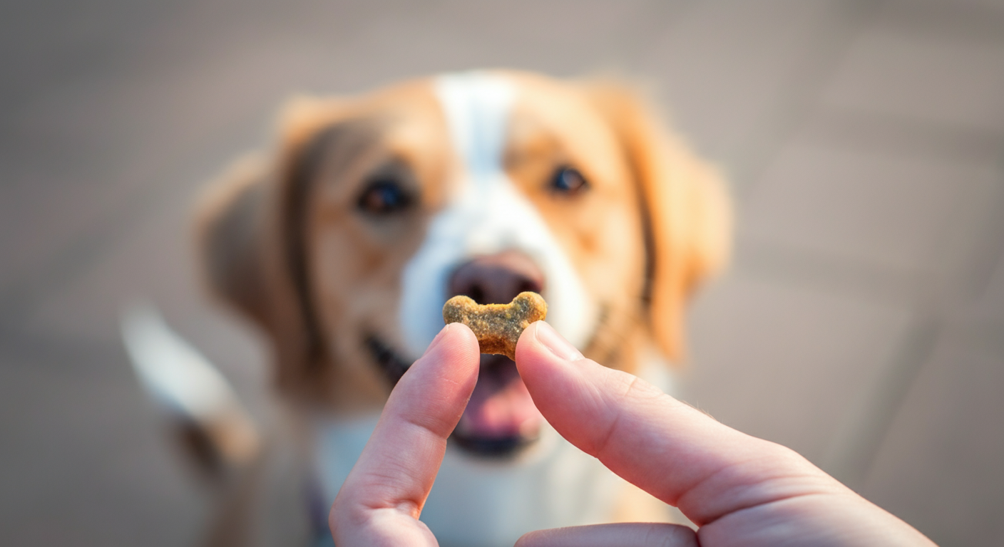 指で持たれた犬用おやつのマクロ写真。背景には犬のシルエットがぼやけて写っている。