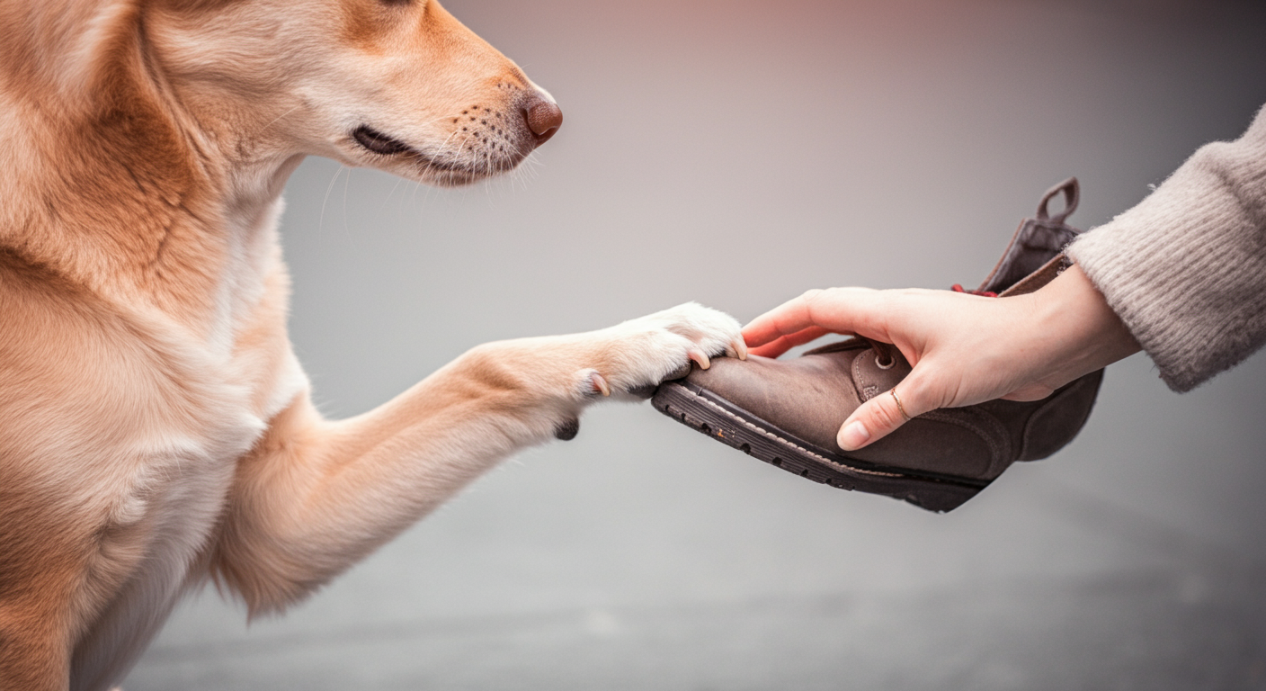 飼い主が犬の足に一瞬だけ靴を触れさせている、優しくポジティブなトレーニングの瞬間。