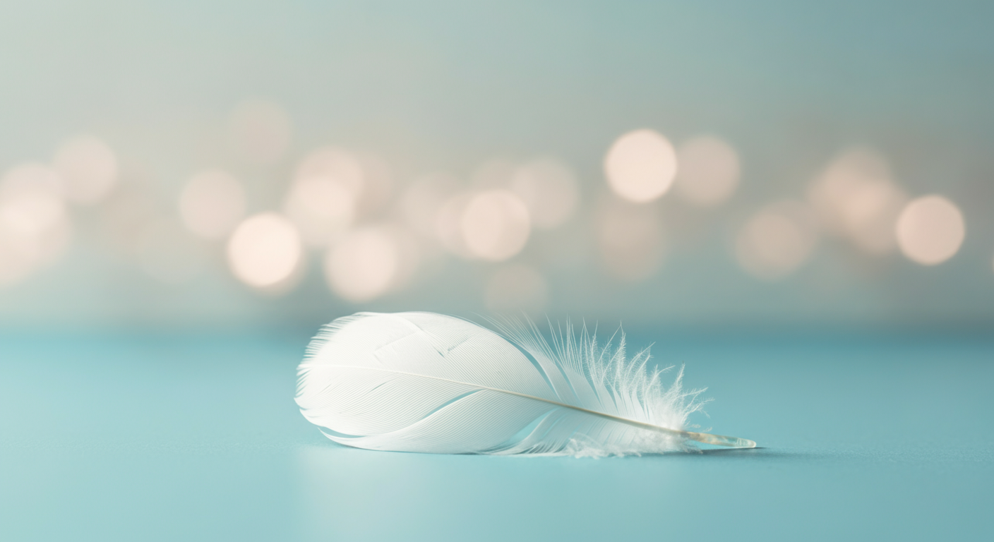 水色の滑らかな表面の上を、一本の白い羽が優雅に浮かんでいる。しなやかさと優しさを象徴する写真。