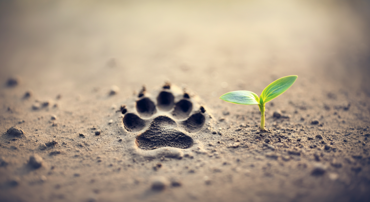 湿った土に残された犬の足跡と、その隣で芽吹く小さな新芽。自然への配慮を象徴している。