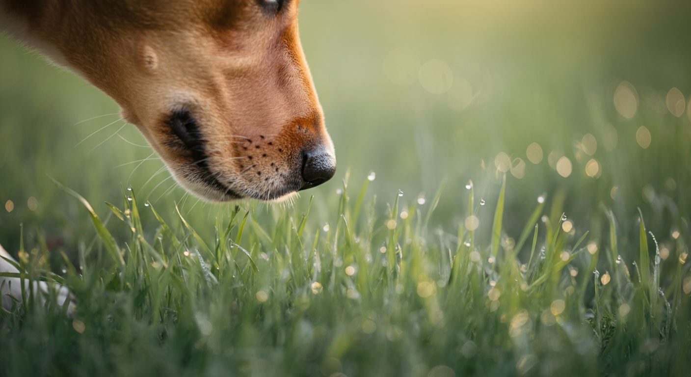 朝露に濡れた草の匂いを嗅ぐ犬の鼻先のクローズアップ写真。背景は美しくぼけている。