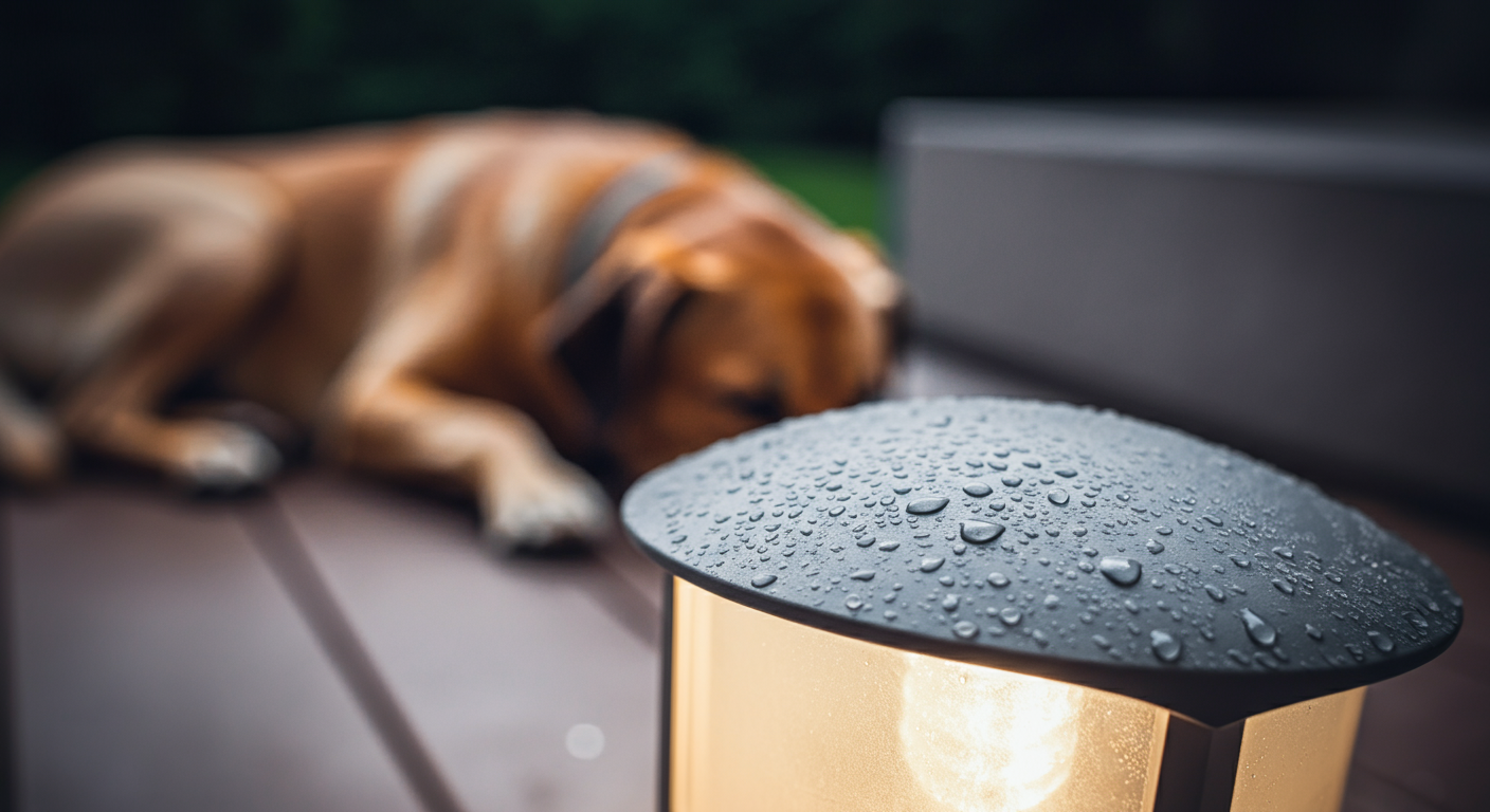 防水仕様のドッグラン用ライトについた水滴のクローズアップ