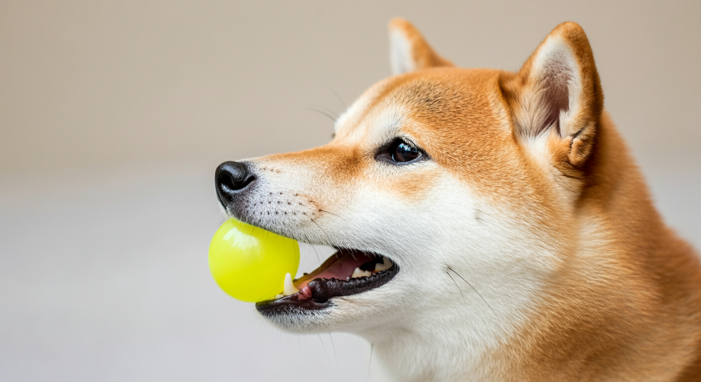 柴犬の口元と、それよりも明らかに大きい黄色のボールが並んでいる写真。安全なサイズ選びの重要性を示唆している。