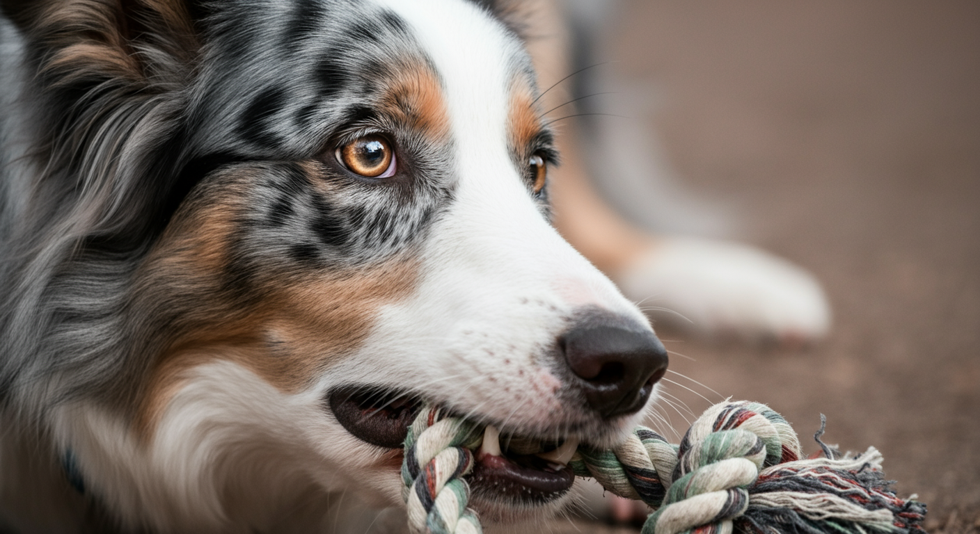 ロープのおもちゃを噛んでいる犬の目のマクロ撮影