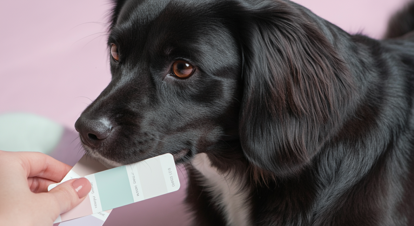 犬の黒い毛の隣にパステルカラーの色見本を並べ、色の相性を見ている様子の写真。