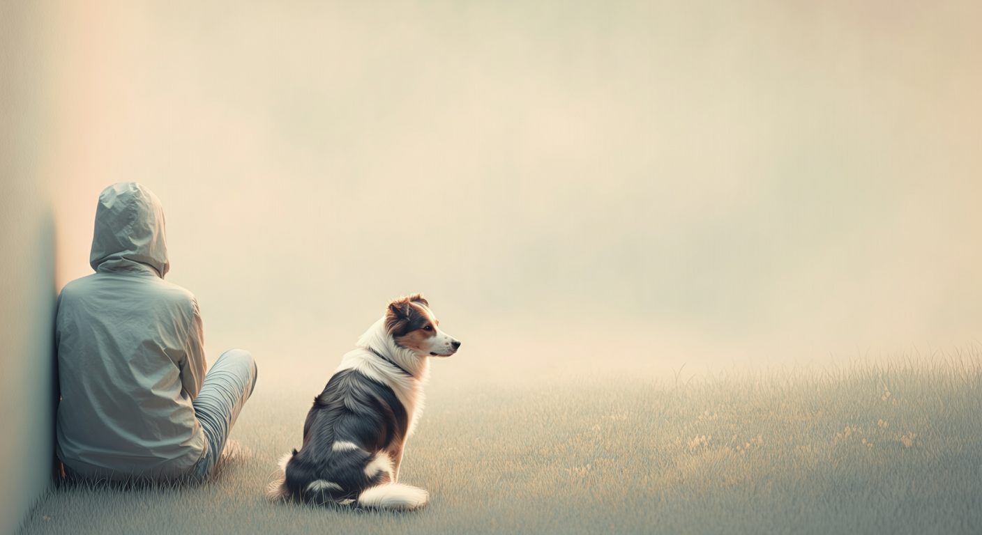 ドッグランの隅で、飼い主と犬が静かに座っている様子の抽象的な写真。周囲には誰もいない。