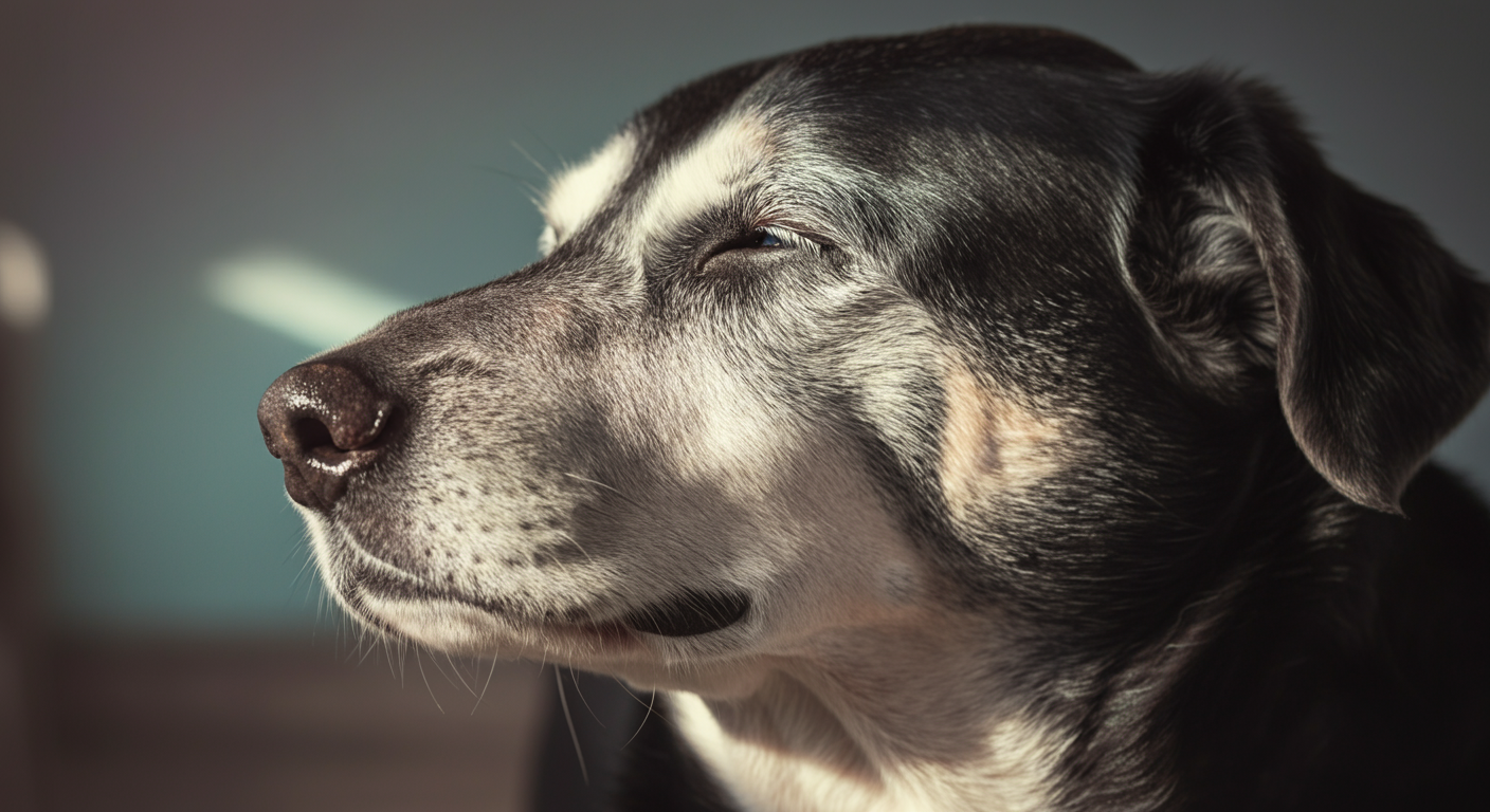口の周りが白くなったシニア犬が、暖かい日差しを浴びて気持ちよさそうに目を閉じている顔のアップ。