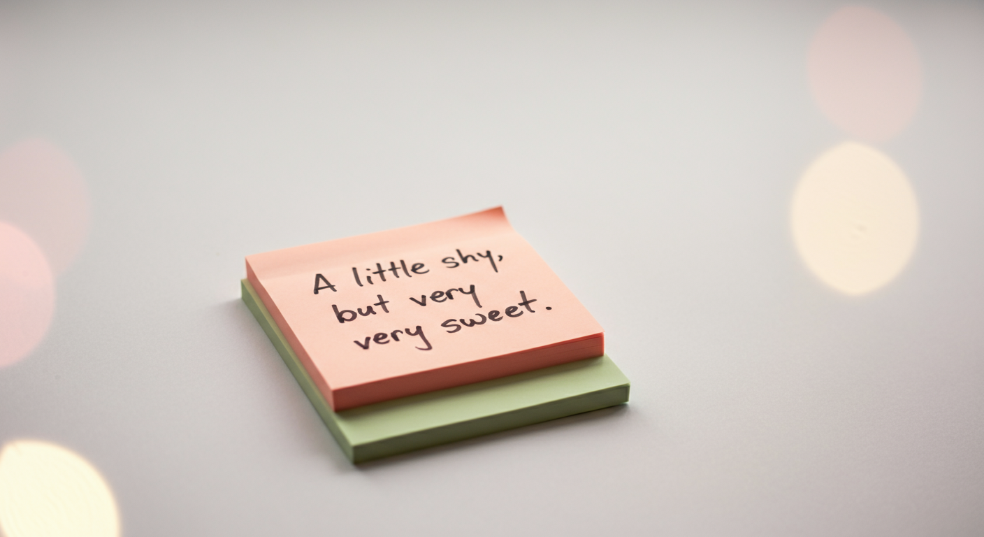 「少しシャイですが、とても優しい子です」と手書きされたパステルカラーの付箋のクローズアップ。