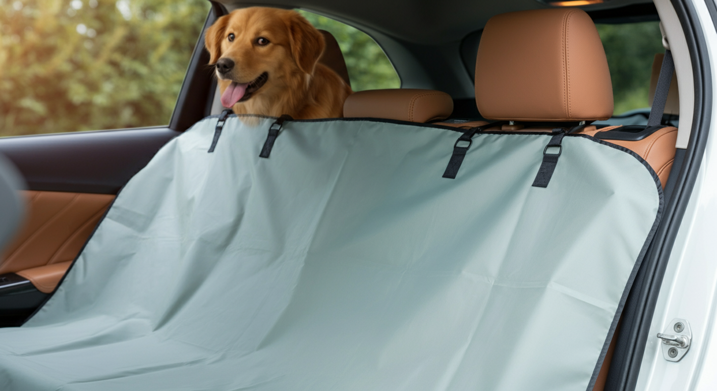車の後部座席に、防水レジャーシートがシートカバーとしてかけられている。犬が汚れた足で乗っても安心な様子。