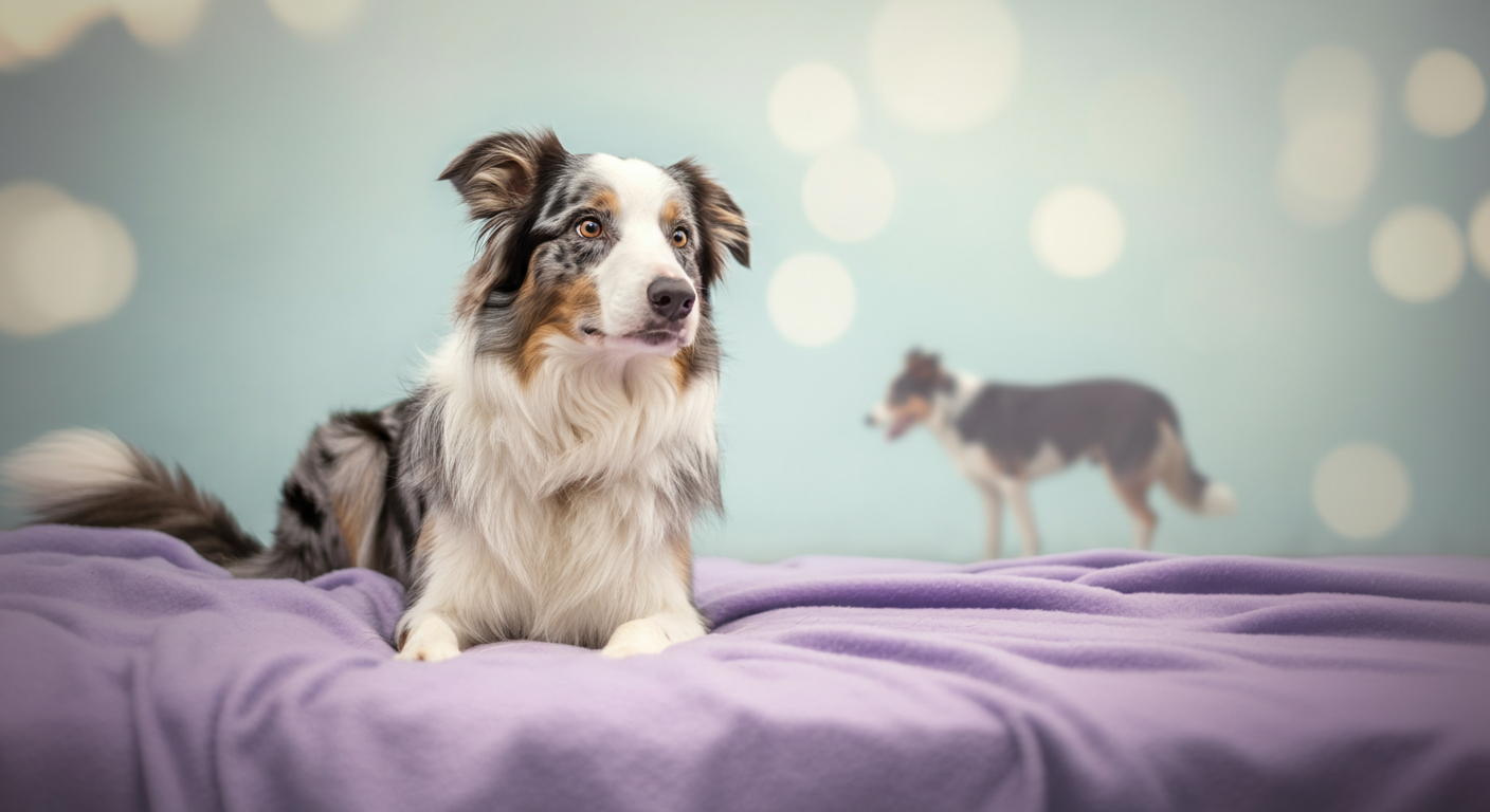 ラベンダー色のレジャーシートの上に座るボーダーコリー。遠くの背景には他の犬の影がぼんやりと見え、距離感が表現されている。