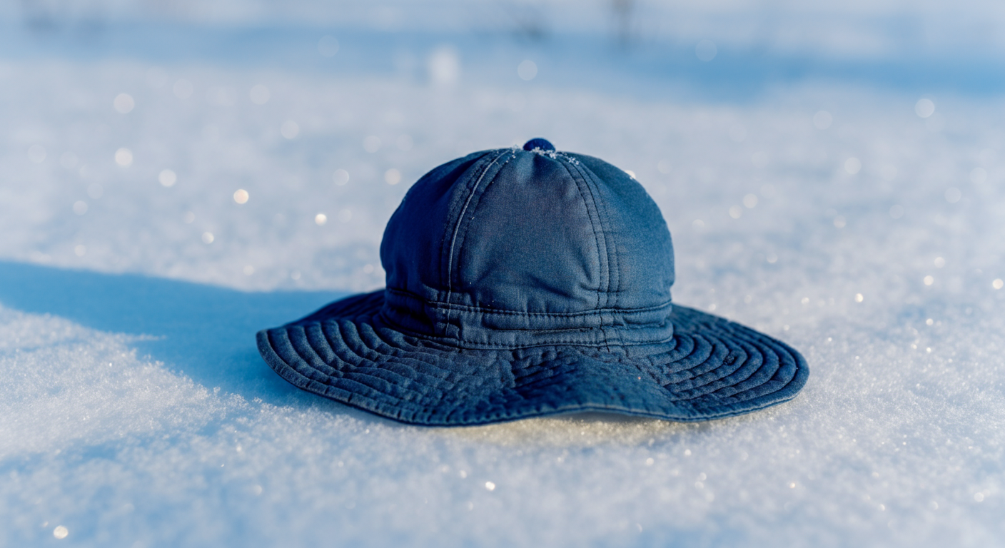 真っ白な雪の上に、ネイビーの犬用UVハットが一つ置かれている。冬の低い太陽が長い影を作っている。