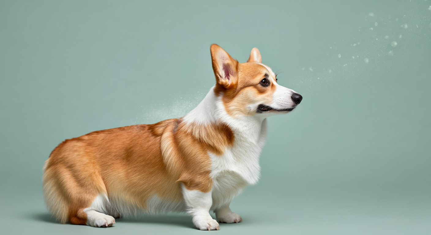 犬の皮膚の通気性の良さを表現した、コーギーの毛をなびかせる風のイメージ写真。