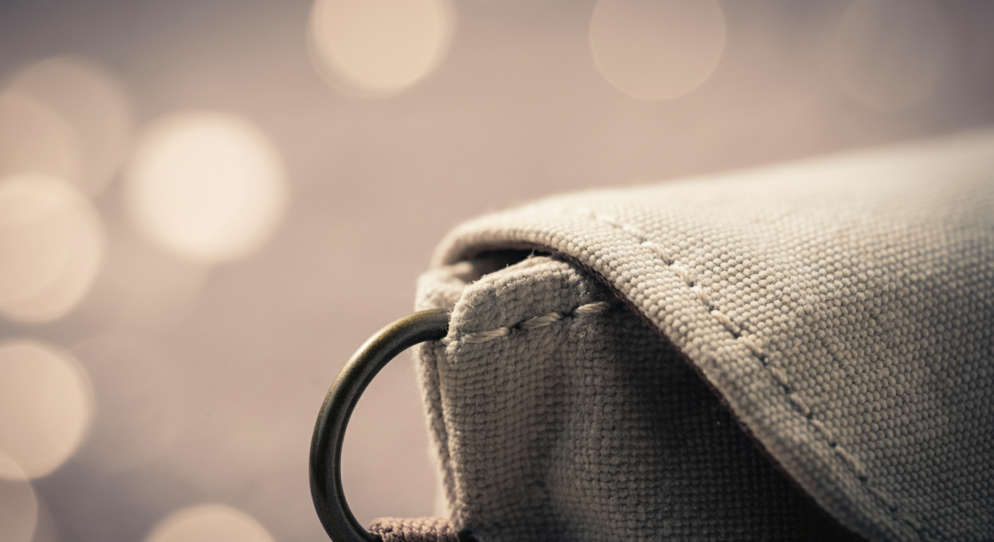 丈夫な帆布で作られたマナーポーチの、丁寧な縫製部分を写したマクロ写真