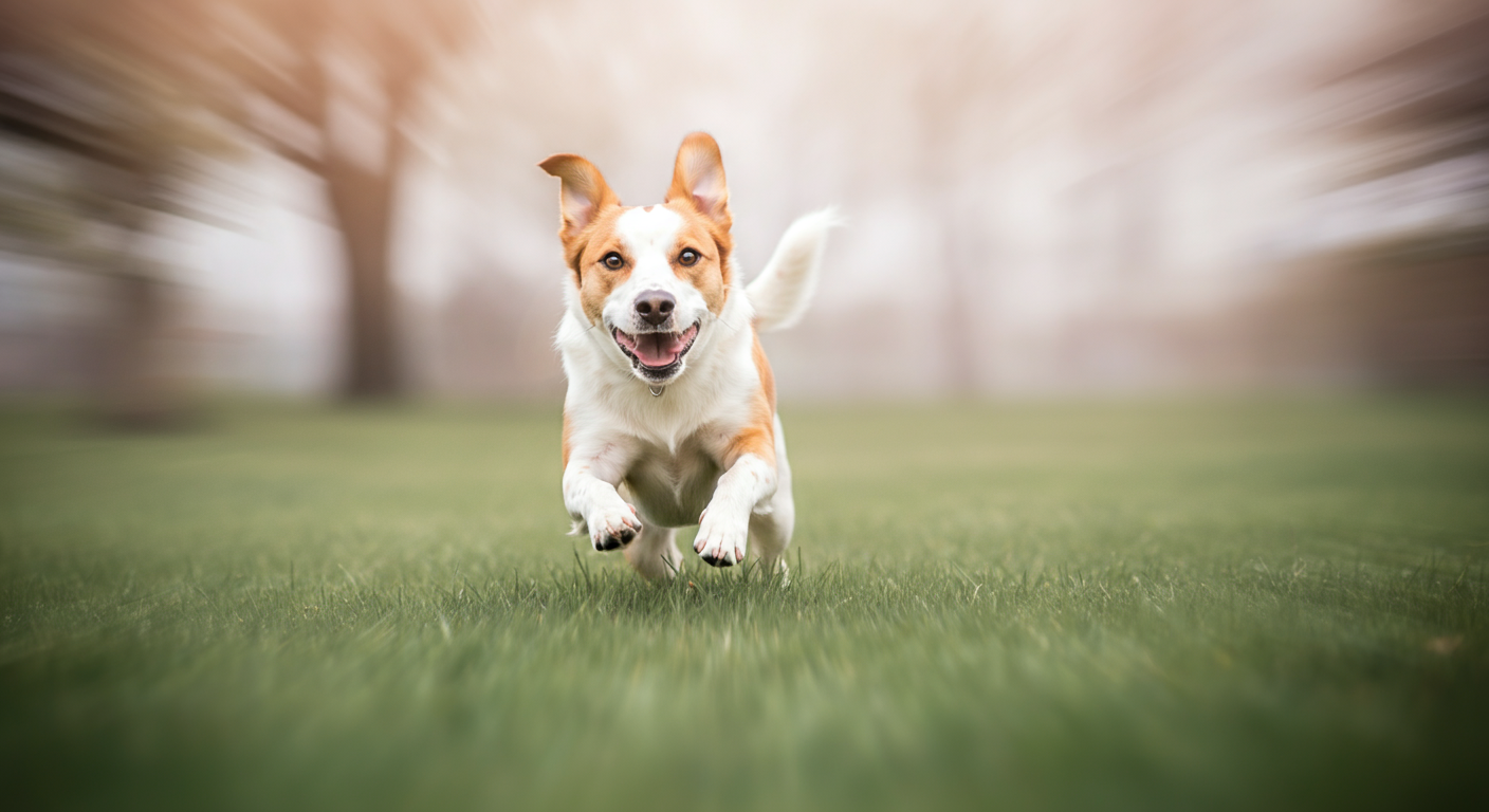 緑の芝生の上を、カメラに向かって楽しそうに走ってくる犬の足元のローアングル写真。