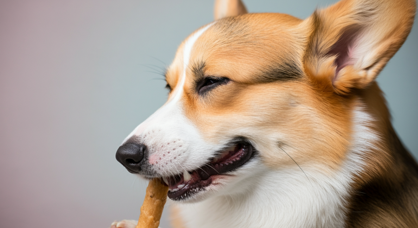 おやつを食べて満足そうに目を細めている犬の横顔のクローズアップ