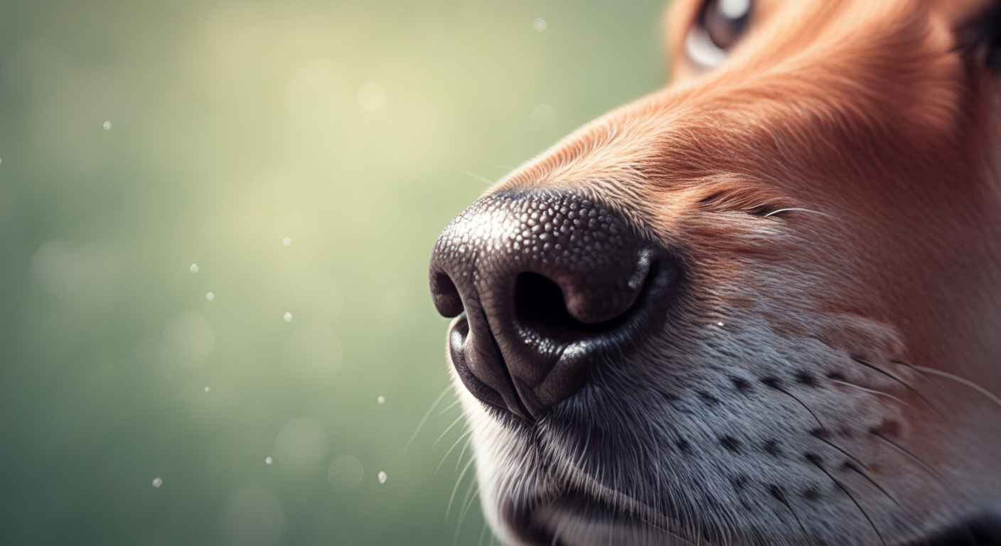 パステルカラーの背景に、太陽の光を浴びて優しく輝く犬の鼻のアップ。