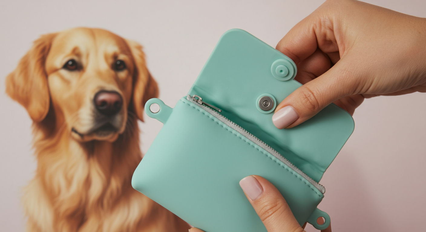 女性の手が片手でマナーポーチを開けようとしている様子の抽象的な写真