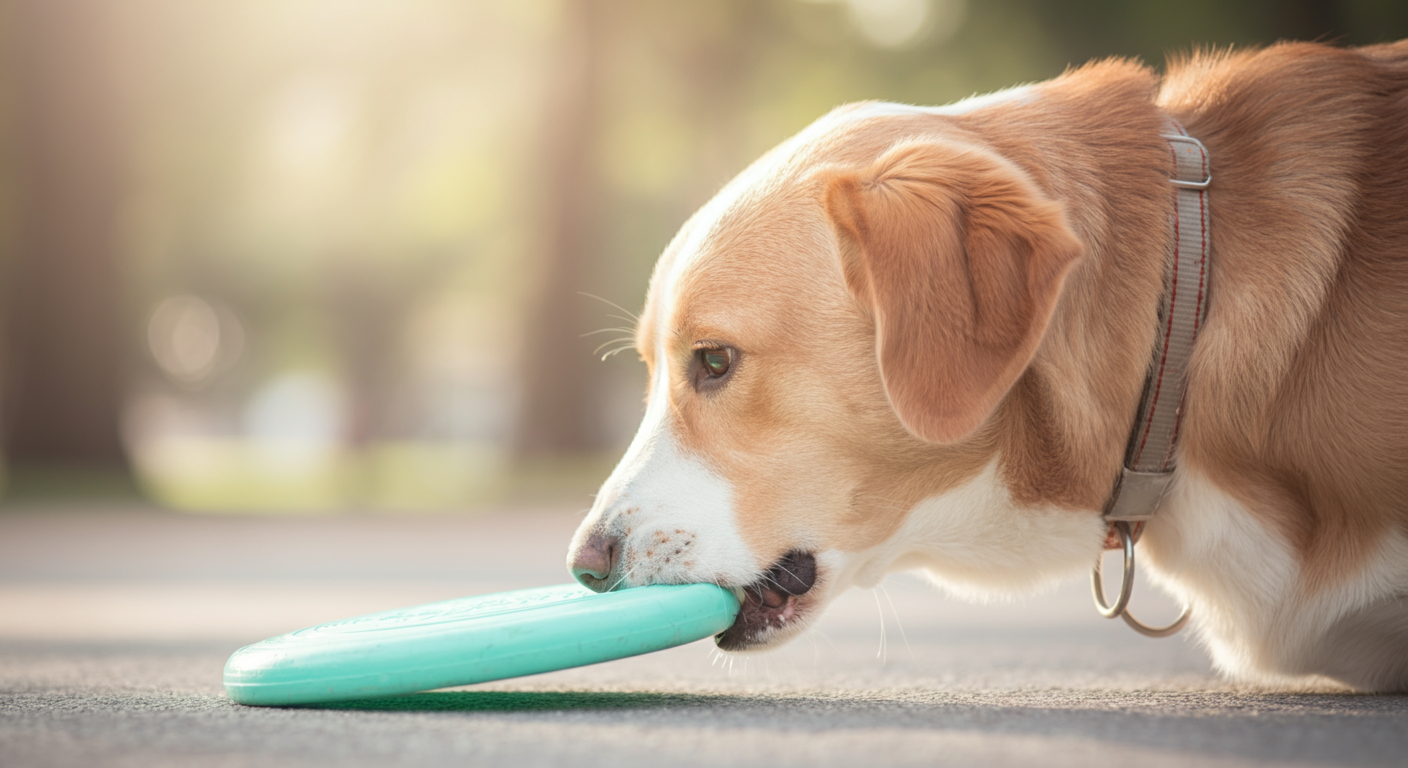 自分の口に合ったサイズのミントグリーンのフリスビーを、地面に置かれた状態で見つめる犬の横顔。