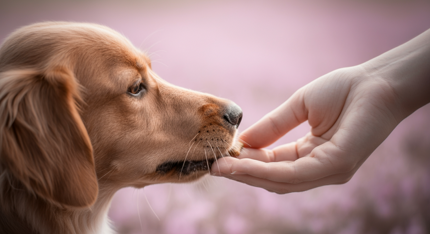 人の指先から優しくおやつを受け取る犬の鼻先のクローズアップ