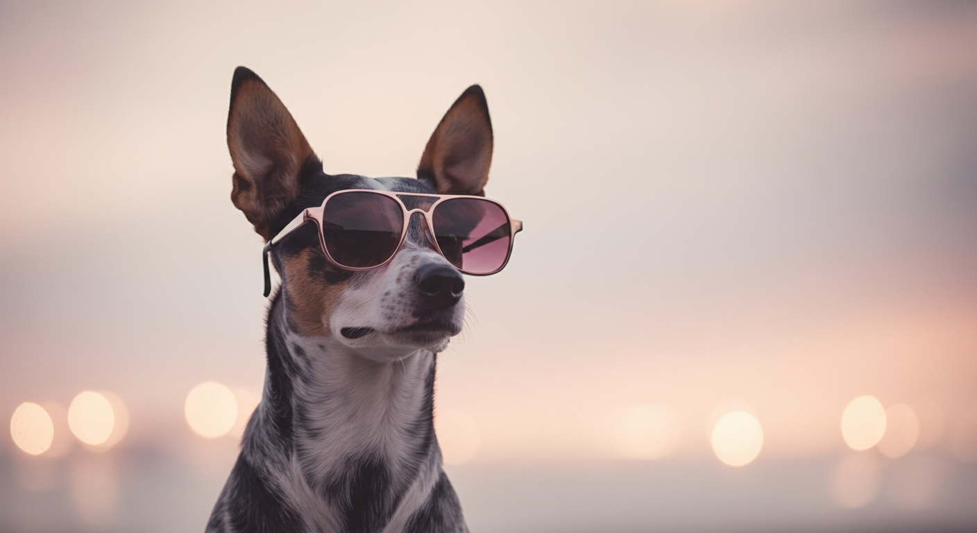 夕日を背景に、サングラスをかけた犬の美しいシルエット。