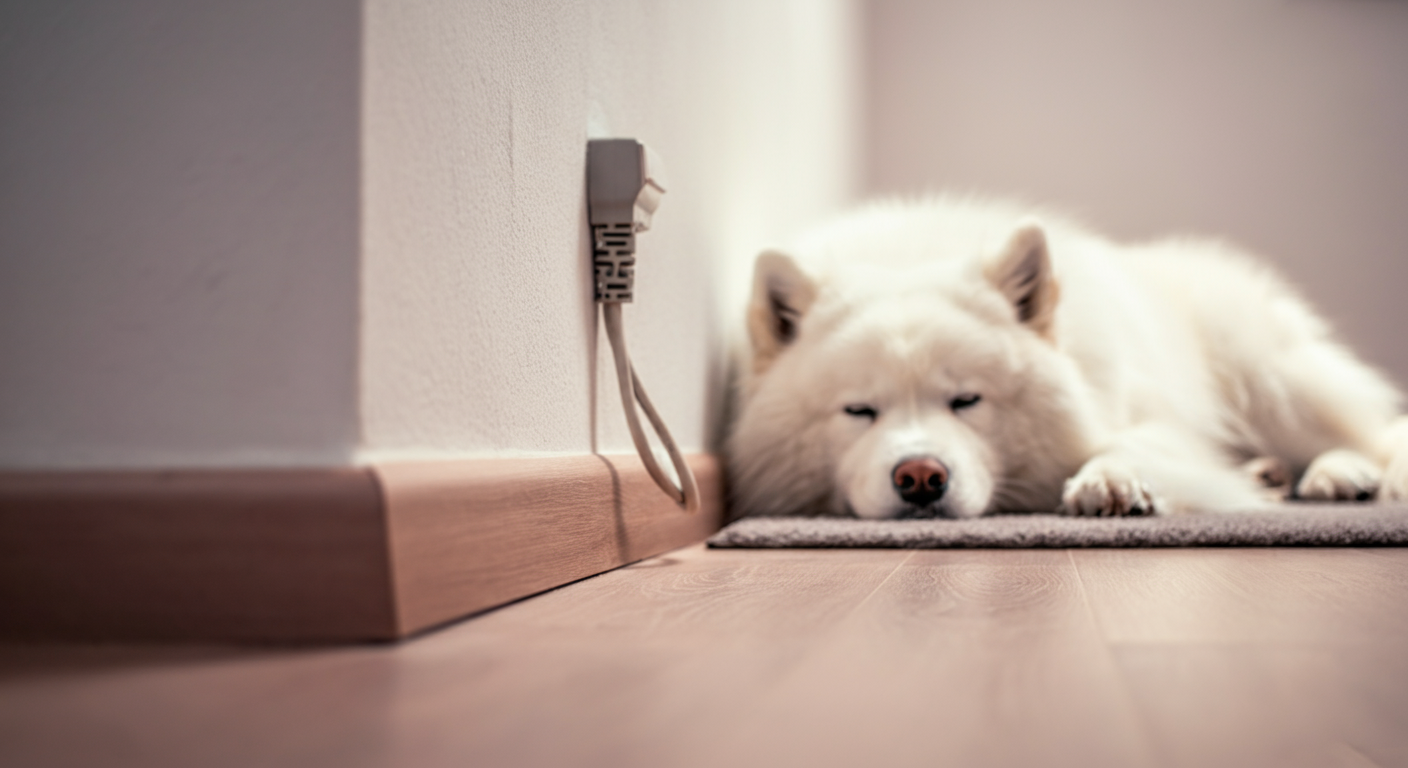 保護カバーに収められた電気コードと、その手前で眠る犬