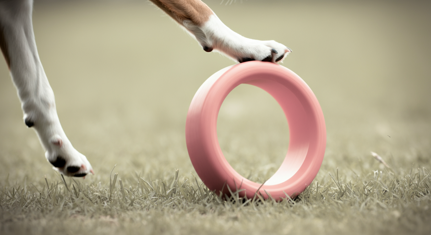 芝生の上を、フリスビーがタイヤのように縦になって転がっている。犬がそれを追いかけようとしている様子。