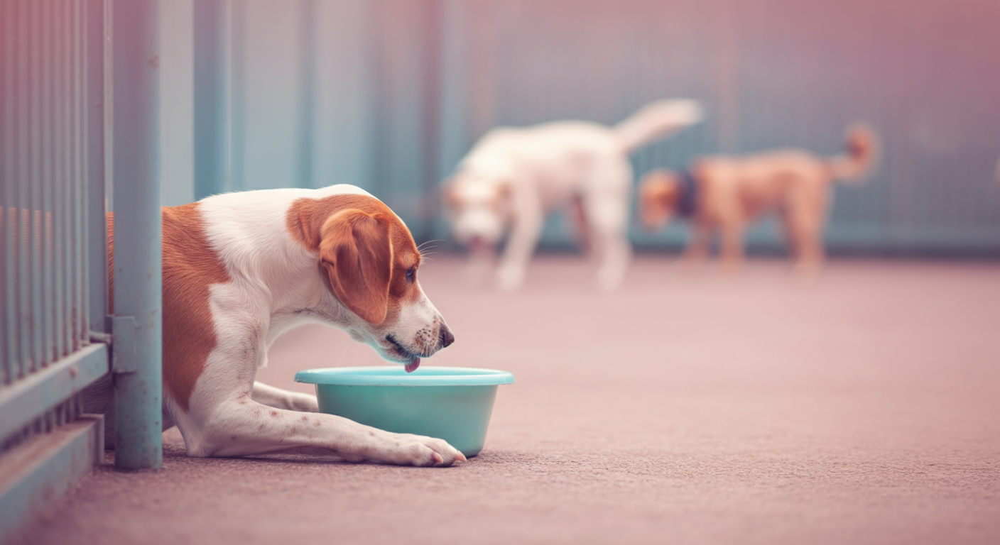 他の犬と距離を保ち、自分のボウルで水を飲む一匹の犬