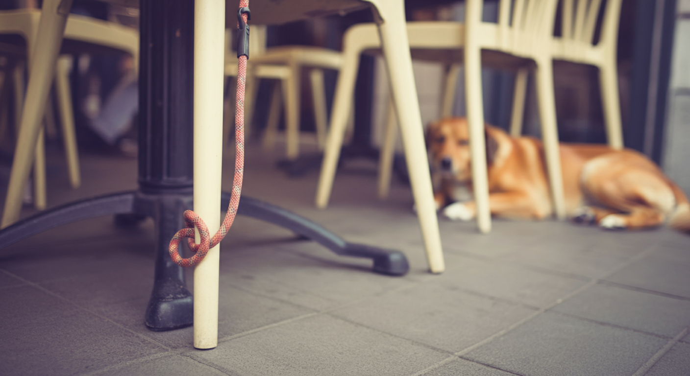 カフェのテラス席のテーブルの下で、落ち着いて伏せをしている犬とリード。