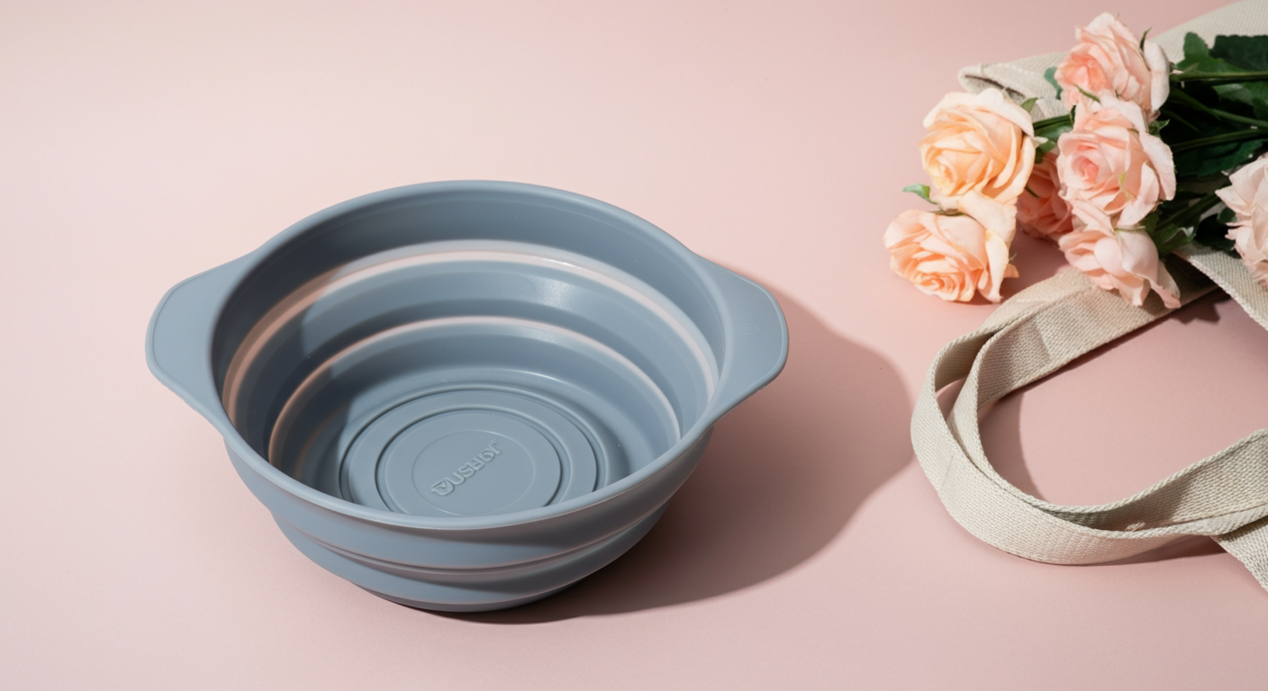 トートバッグの横に置かれた、半分折りたたまれた状態の大きなグレーのシリコンボウル