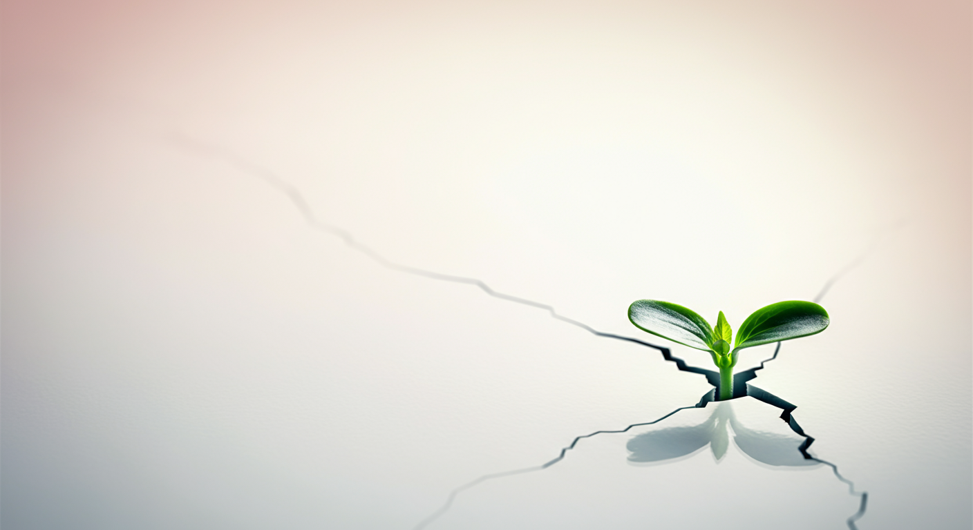 白い表面のひび割れから力強く芽を出す、一本の緑の新芽の概念的な写真。