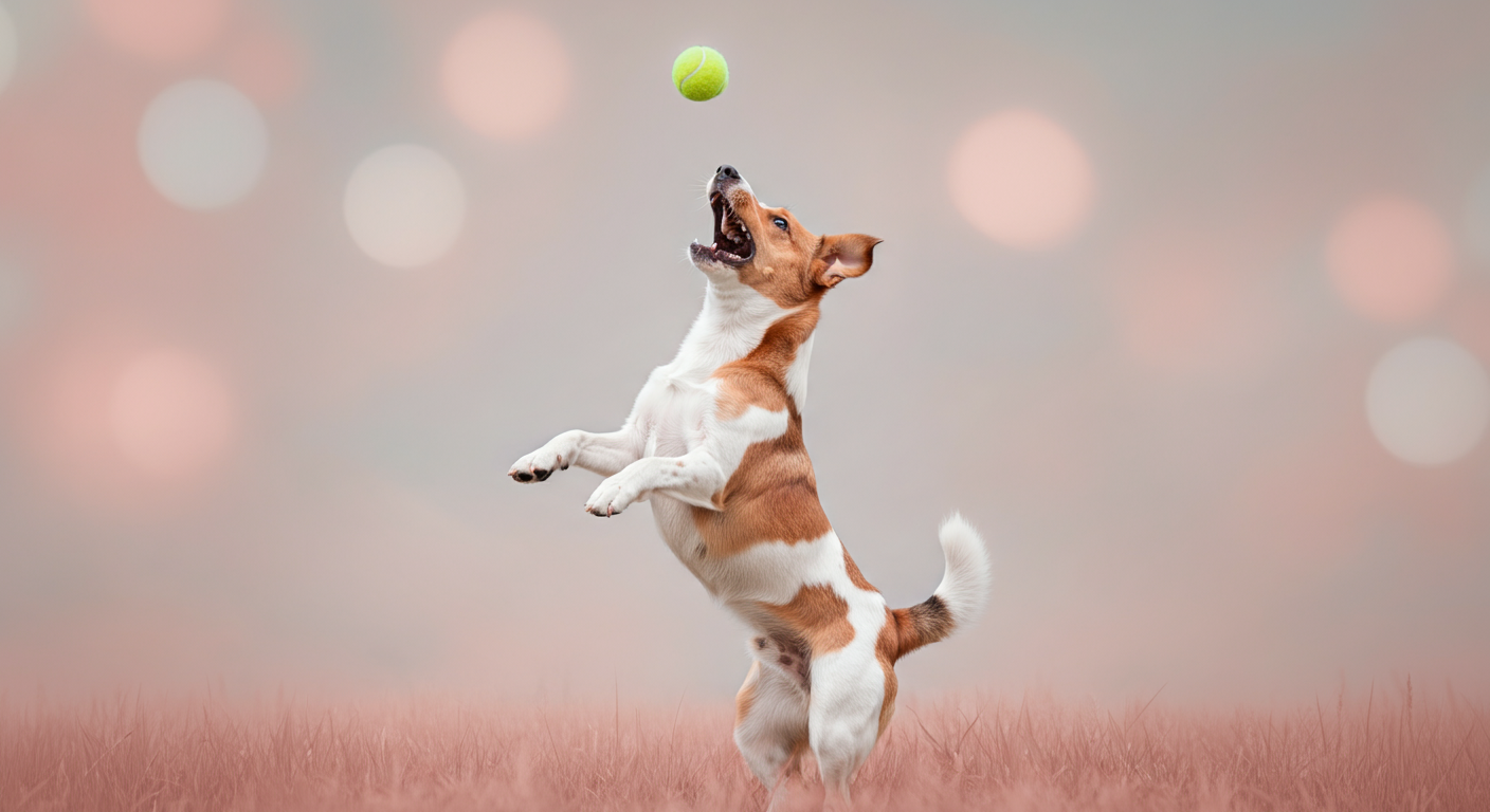 パステルカラーのテニスボールをキャッチするために、元気にジャンプする一匹の犬。