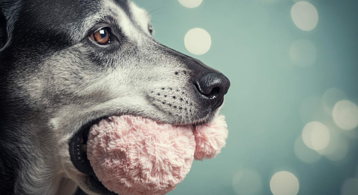 年を重ねたシニア犬が、とても柔らかそうなピンク色のボールを優しく口にくわえているクローズアップ写真。