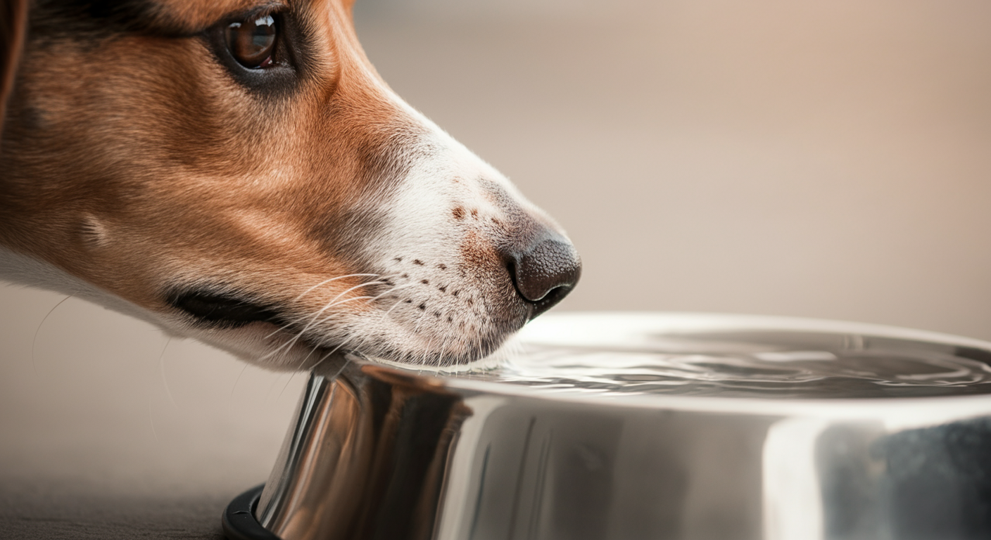 水の入ったボウルに近づく犬の鼻先を強調した、好奇心を表す抽象的な写真。